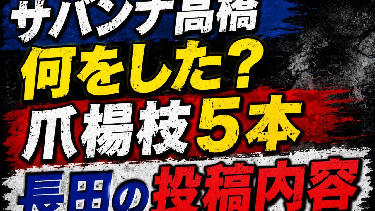 サバンナ高橋の「何をした？」「爪楊枝5本」「長田の投稿内容」と大きく表示された炎上騒動風のアイキャッチ画像
